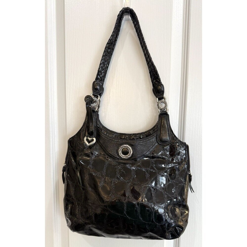BRIGHTON Crocodile Embossed Black Patent Leather Shoulder Bag Purse 9598 Hobo